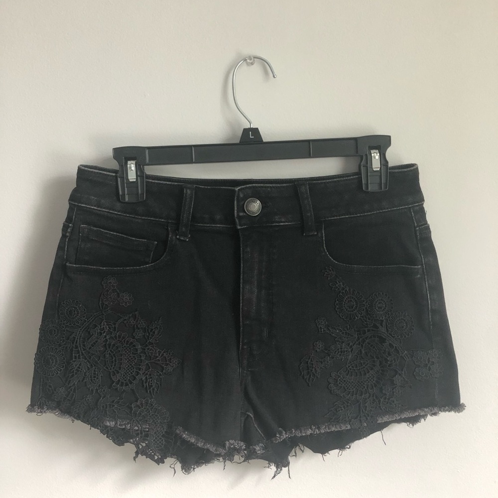 Black High Rise Shortie Denim Shorts w/ Black Lace